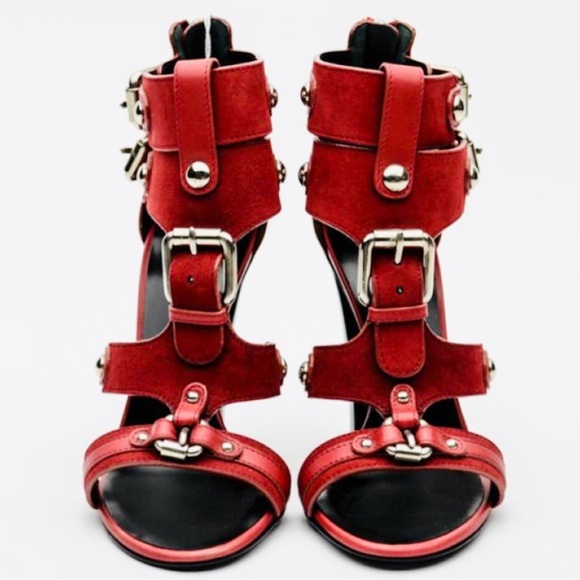 Giuseppe Zanotti For Balmain Red Suede Buckle Strappy Sandals Size 38 - Picture 2 of 14